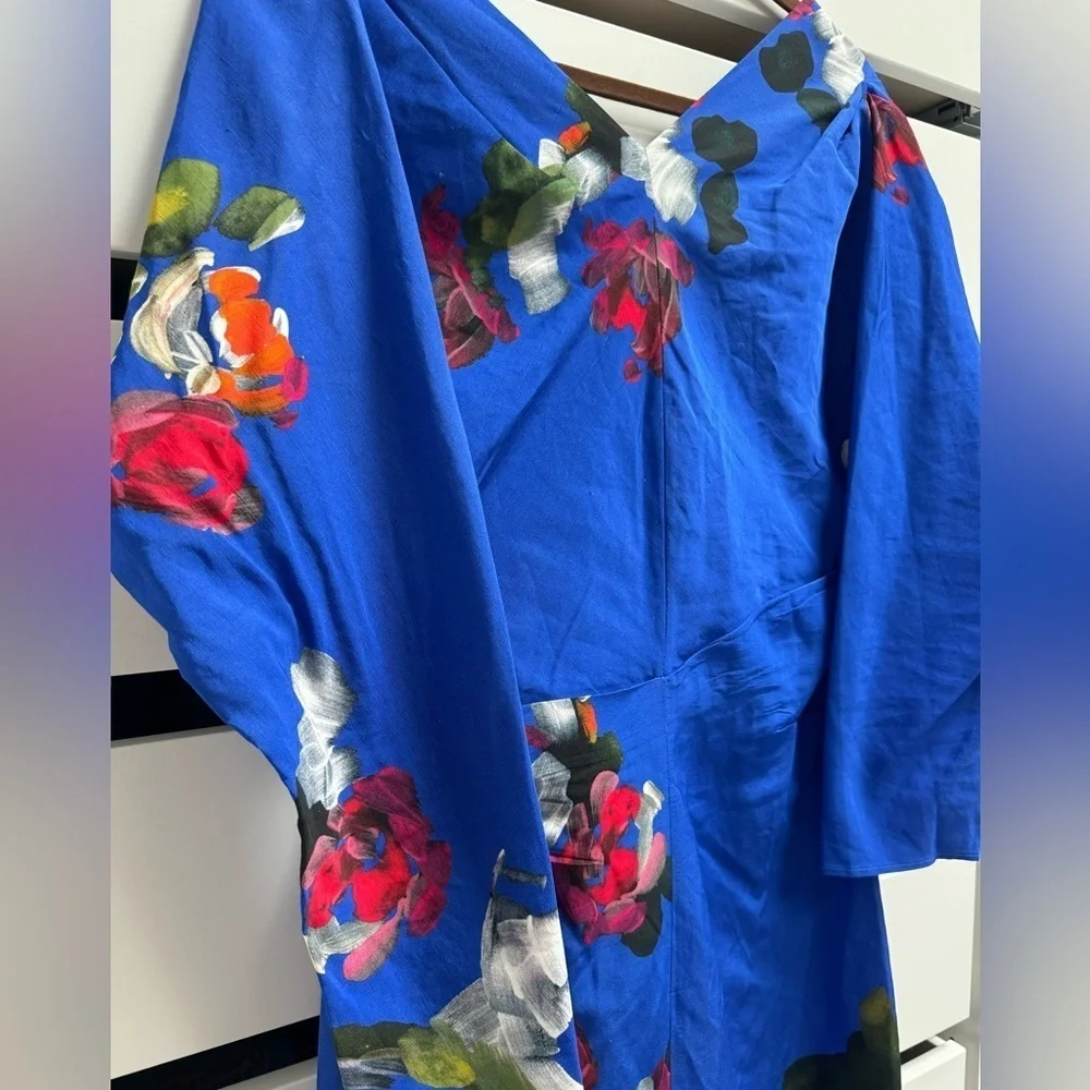 ZARA TRAF S/S 24 Hand Dyed Blue Floral Chinoserie Dress Draped Long Sleeve Sz M
